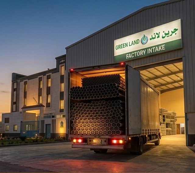 Green Land factory intake — PVC pipe stock being delivered, Sadat City